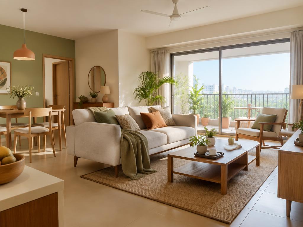 Sunlit apartment living room opening onto a balcony